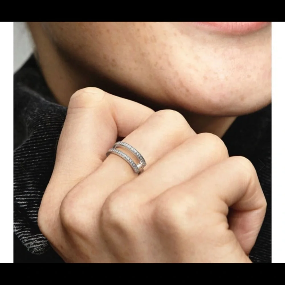 Pandora Signature Logo & Pavé Double Band Ring US 7.5